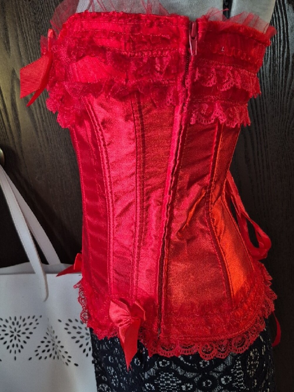CORSET CLOSEOUT ALL $10 NWOT Red Satin Lace Corset Top with Bow Accents - Picture 5 of 10